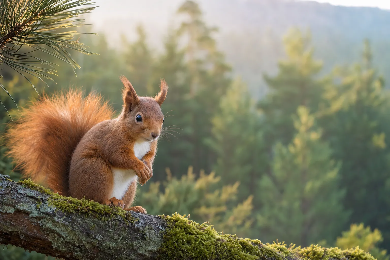 Un écureuil roux sur une branche moussue, à la lisière d'une forêt de pins