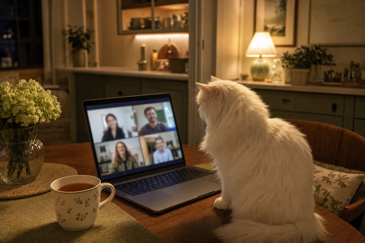 Un ordinateur portable ouvert sur une visio, un chat blanc assis à côté
