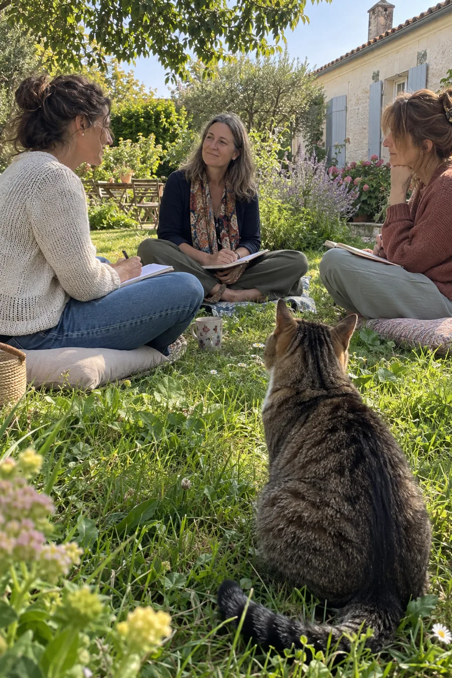 Trois stagiaires assises en cercle dans l'herbe d'un jardin, carnets sur les genoux, un chat tigré qui les observe