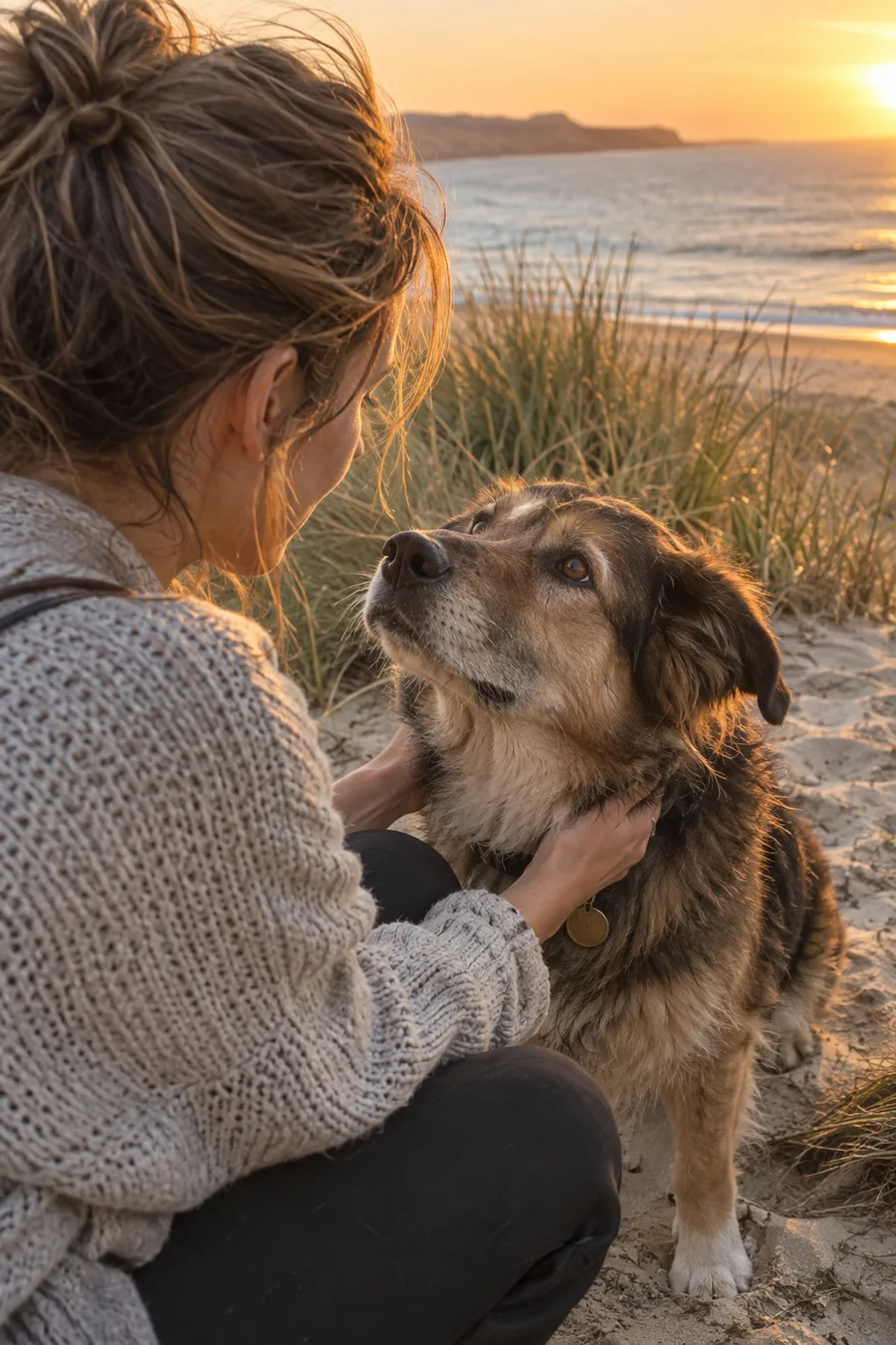 Une femme accroupie face à son chien, au coucher du soleil dans les dunes, le chien la regarde dans les yeux